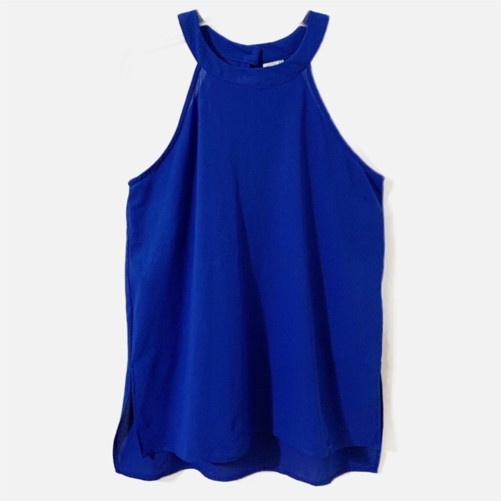 Paper Crane Halter Neckline Sleeveless Blouse Keyhole Back Side Vents Royal Blue